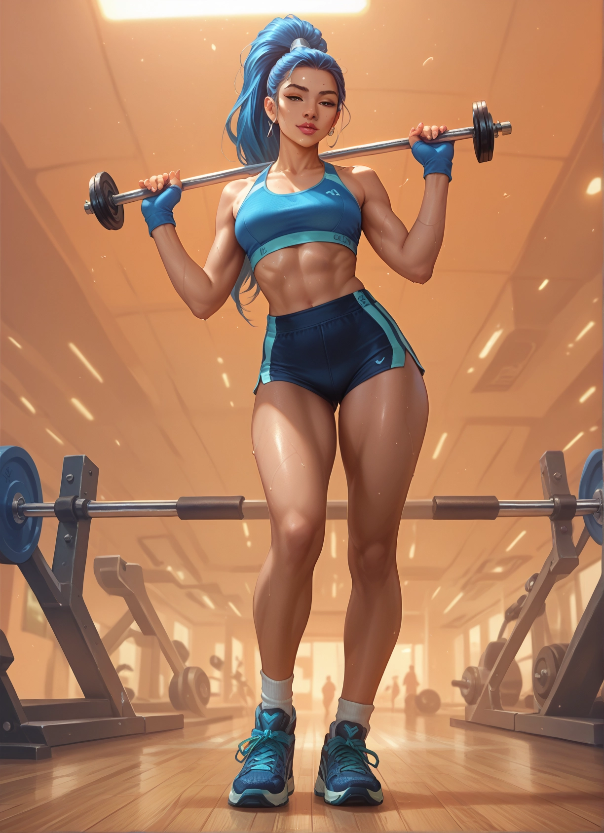 1girl, shorts, gloves, abs, breasts, fingerless gloves · Yamete.gg