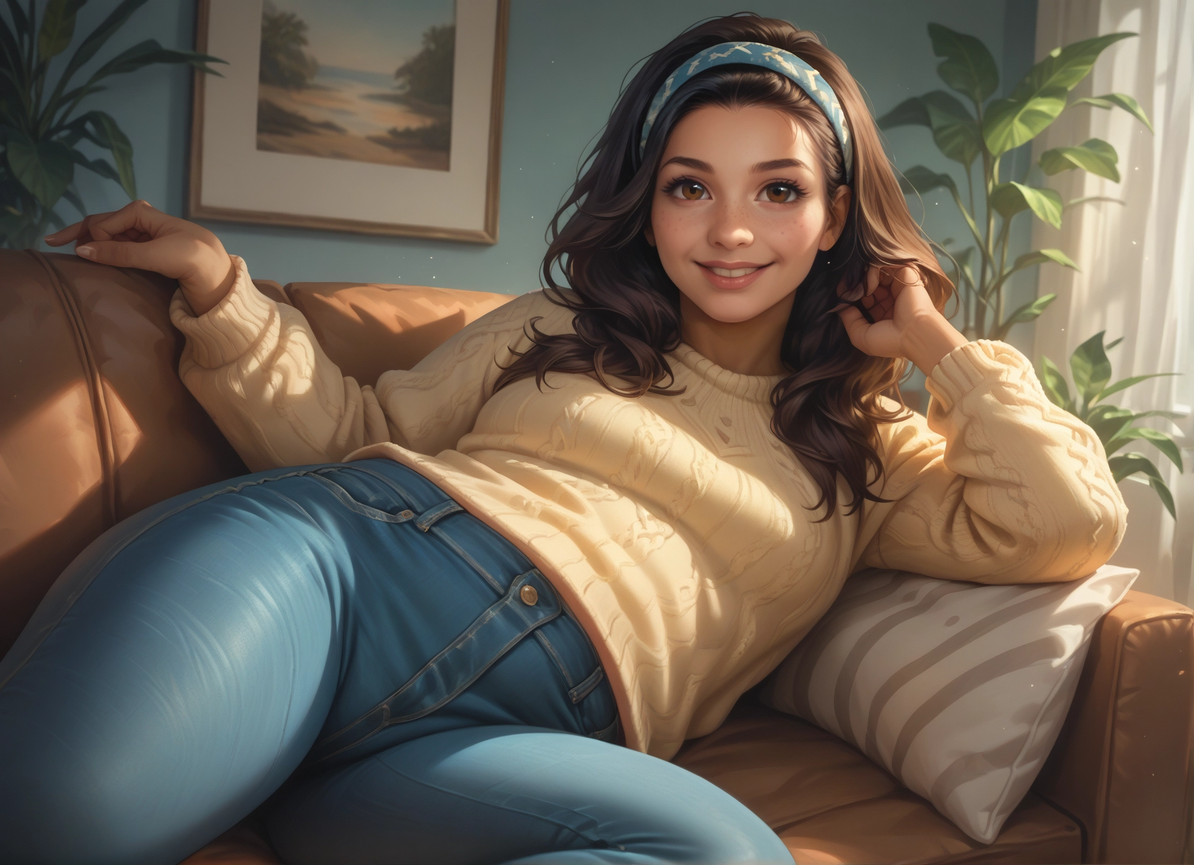 1girl, solo, brown hair, pants, sweater, smile · Yamete.gg