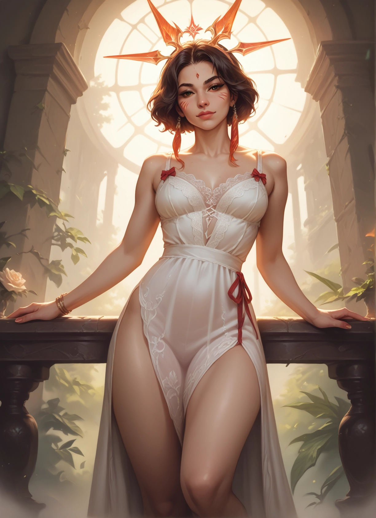 1girl, solo, jewelry, dress, breasts, facial mark · Yamete.gg