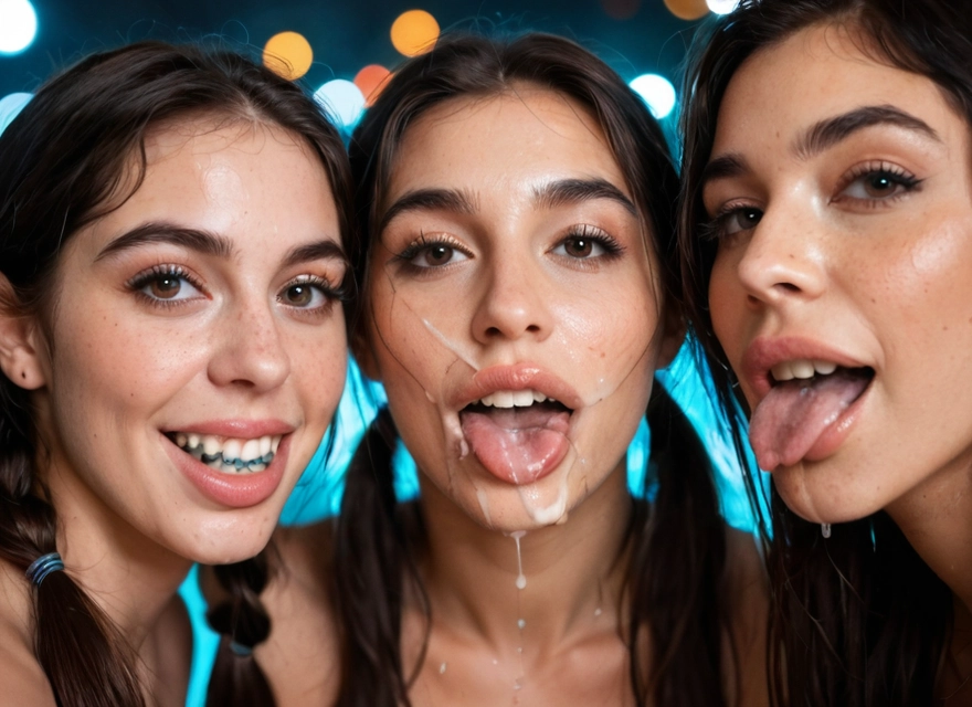 multiple girls, 3girls, cum, tongue, facial, tongue out
