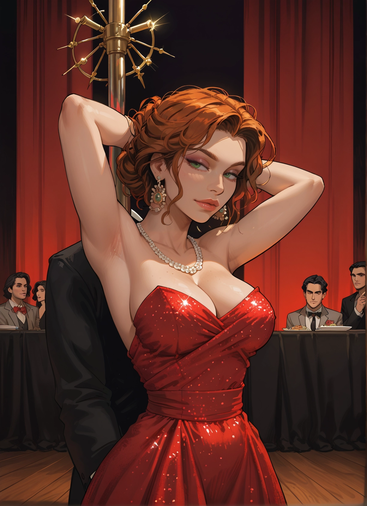 breasts, dress, jewelry, armpits, earrings, green eyes · Yamete.gg