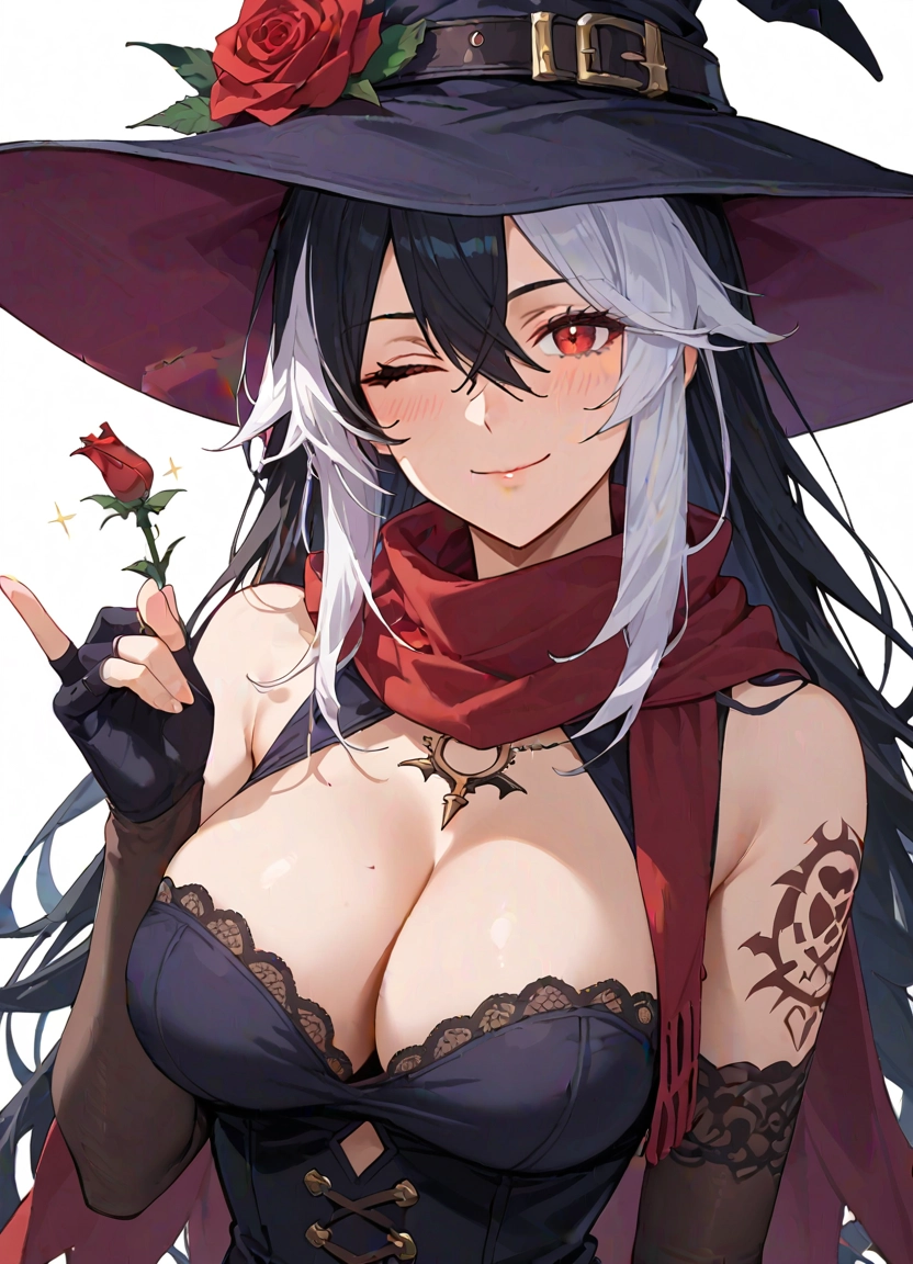 1girl, breasts, flower, hat, witch hat, rose · Yamete.gg
