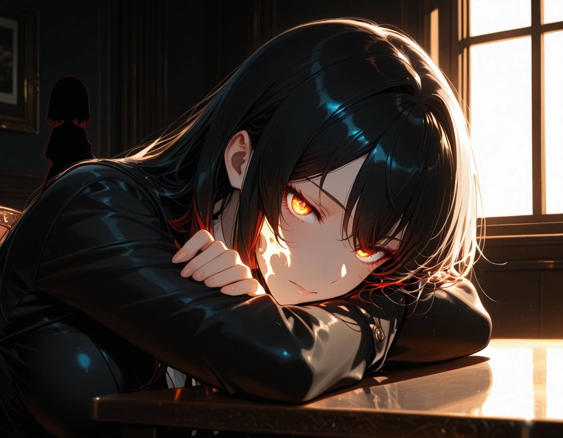 looking at viewer, black hair, indoors, long hair, long sleeves, multicolored hair · Yamete.gg