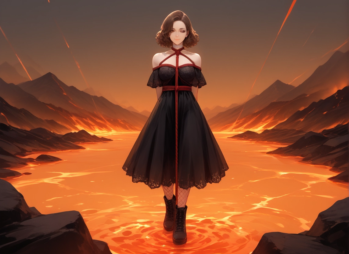 1girl, solo, dress, black dress, brown hair, boots · Yamete.gg