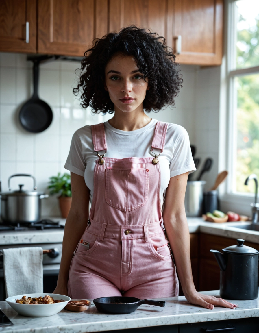 1girl, solo, black hair, blurry background, overalls, shirt · Yamete.gg
