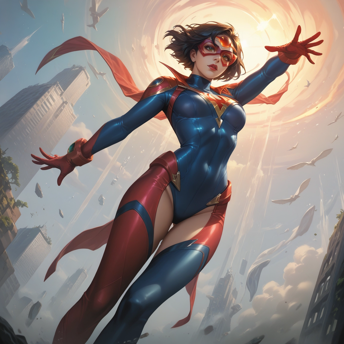 1girl, solo, gloves, superhero, short hair, bodysuit · Yamete.gg
