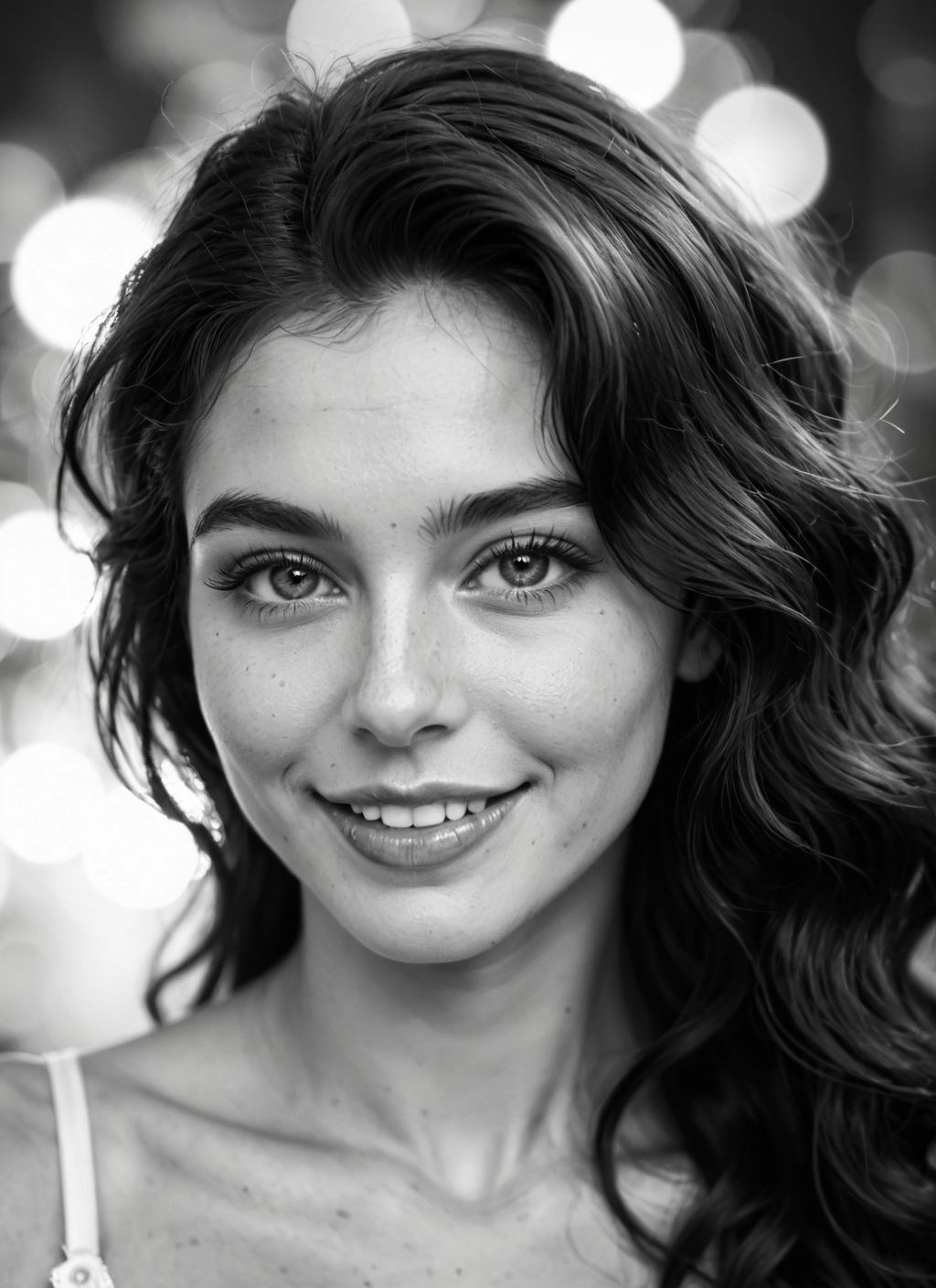 1girl, monochrome, greyscale, solo, smile, freckles · Yamete.gg