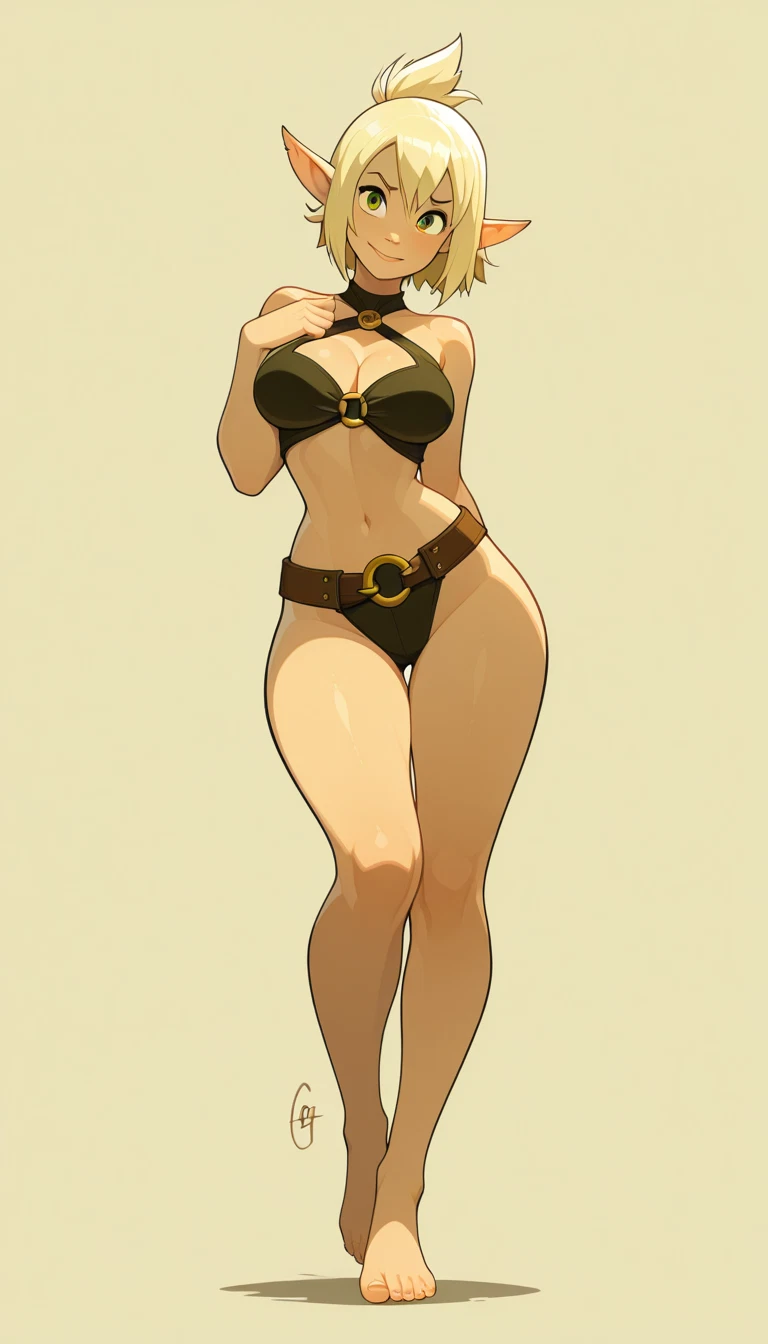 1girl, solo, breasts, full body, pointy ears, blonde hair