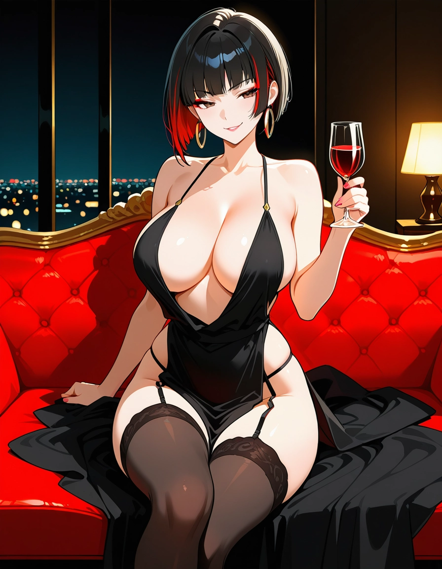 1girl, breasts, cup, solo, black hair, earrings · Yamete.gg
