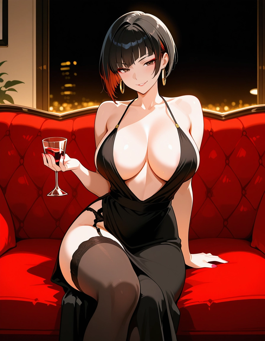 1girl, breasts, green eyes, solo, black hair, dress · Yamete.gg