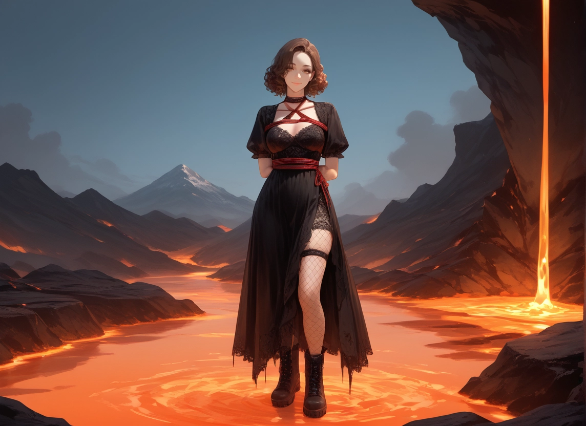 1girl, dress, solo, fishnets, brown hair, breasts · Yamete.gg