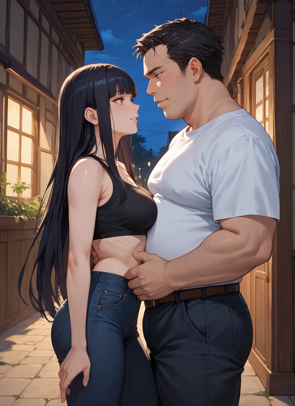 1girl, 1boy, long hair, black hair, breasts, pants · Yamete.gg