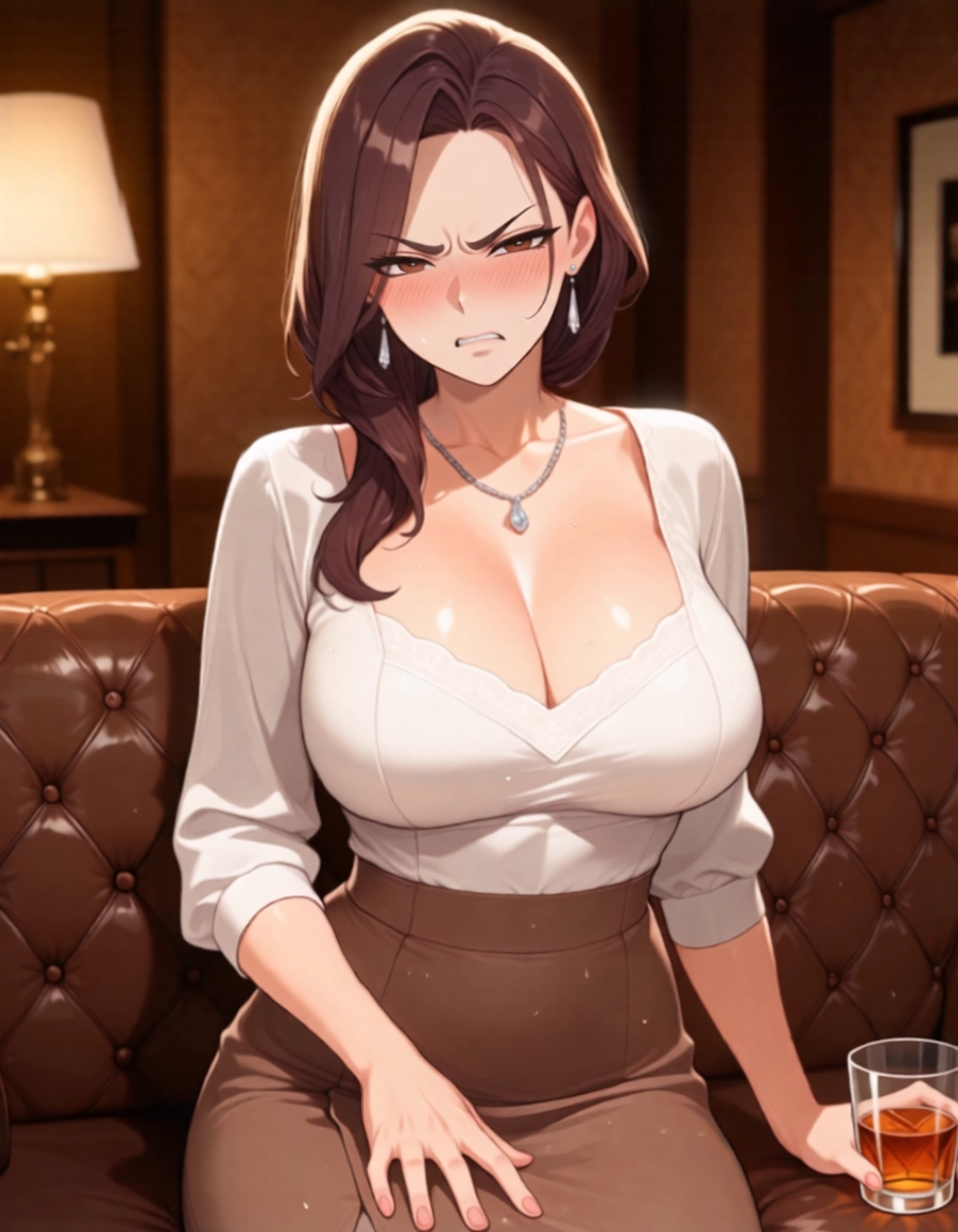 1girl, breasts, jewelry, cleavage, skirt, brown hair · Yamete.gg