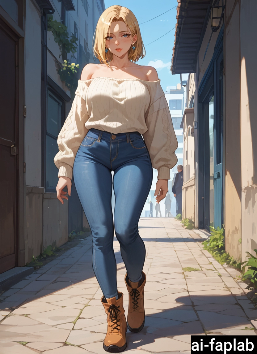 pants, outdoors, denim, blonde hair, 1girl, jeans · Yamete.gg