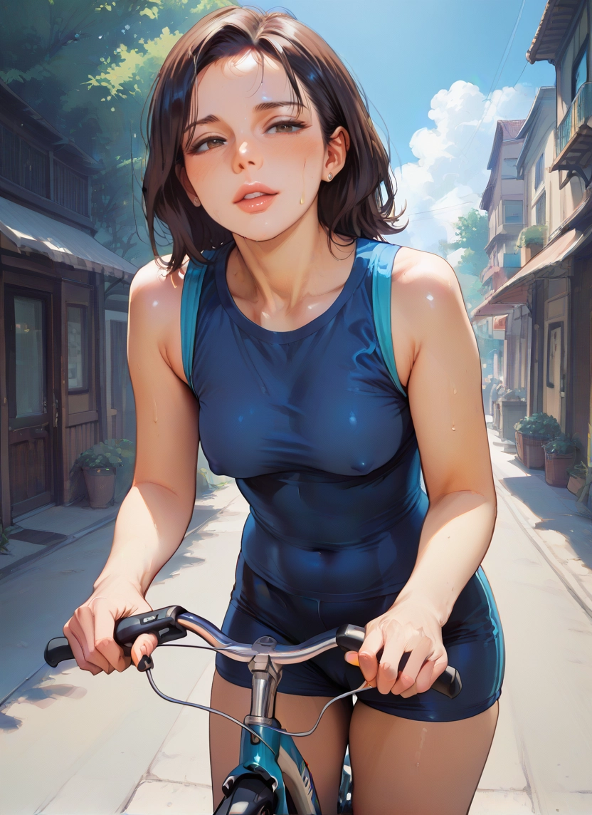 1girl, breasts, bicycle, ground vehicle, solo, brown hair · Yamete.gg