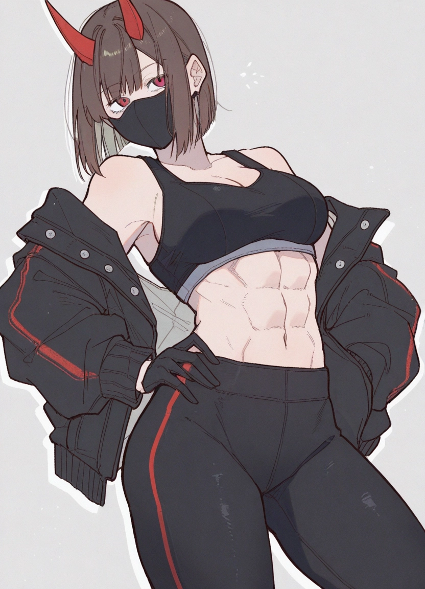 1girl, horns, mask, breasts, abs, mouth mask · Yamete.gg