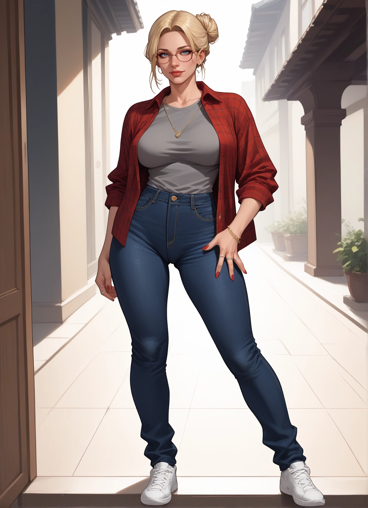 1girl, blonde hair, pants, jewelry, breasts, glasses · Yamete.gg