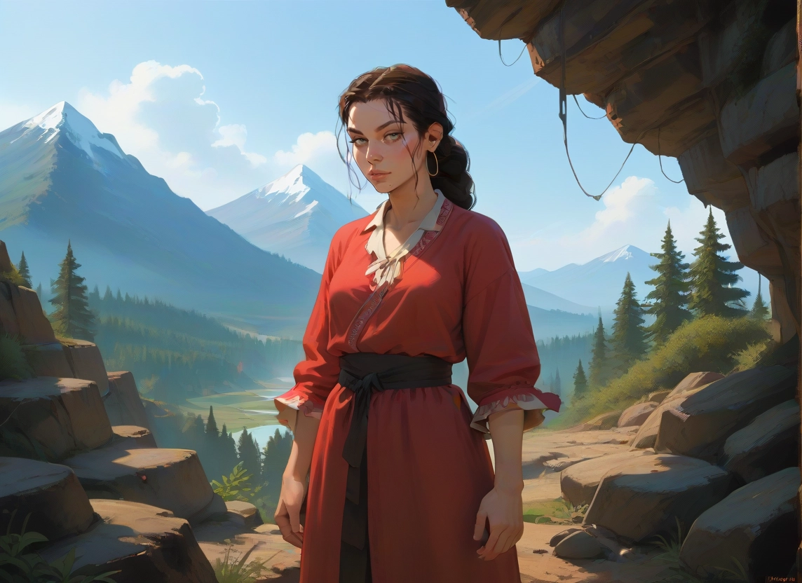 1girl, solo, jewelry, earrings, mountain, brown hair · Yamete.gg