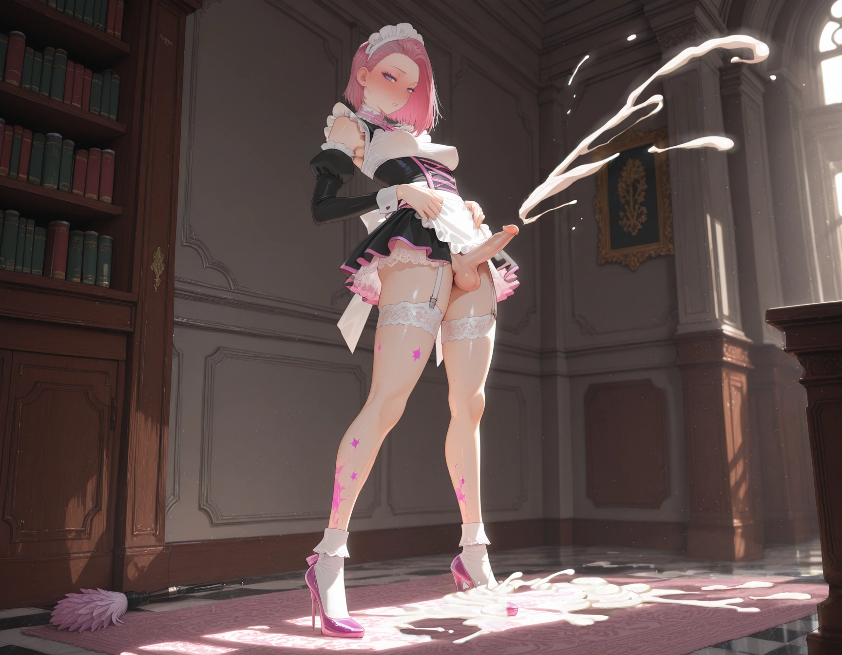 solo, penis, pink hair, high heels, detached sleeves, testicles · Yamete.gg