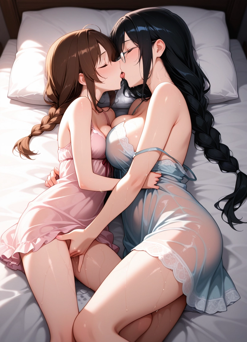 multiple girls, breasts, 2girls, yuri, braid, brown hair · Yamete.gg