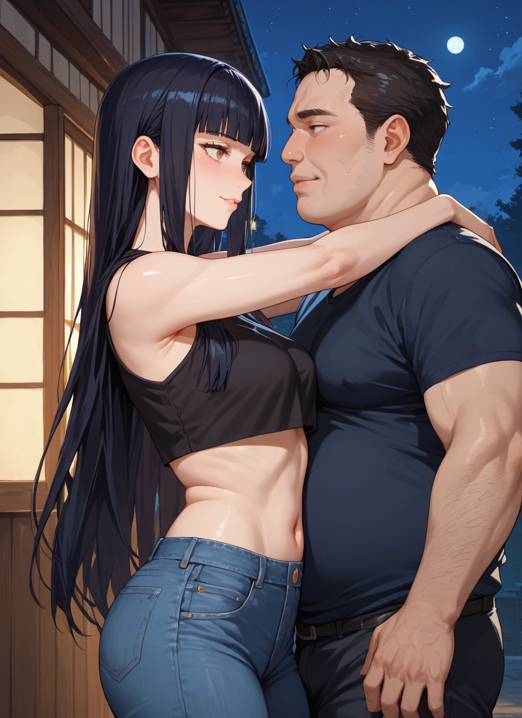 1girl, 1boy, long hair, black hair, pants, breasts · Yamete.gg