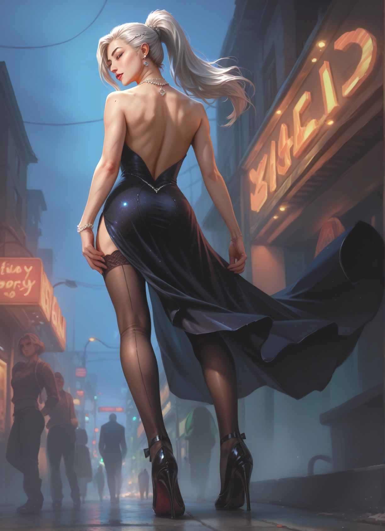 dress, thighhighs, jewelry, high heels, ass, earrings · Yamete.gg