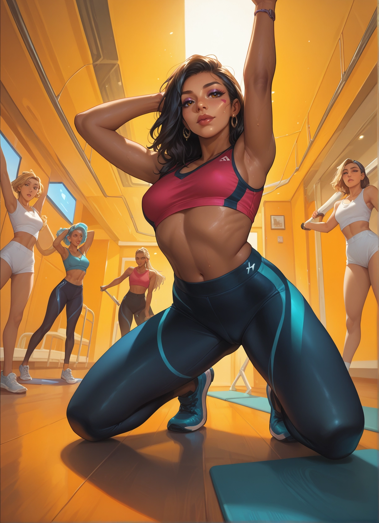 multiple girls, navel, dark-skinned female, jewelry, 4girls, dark skin · Yamete.gg