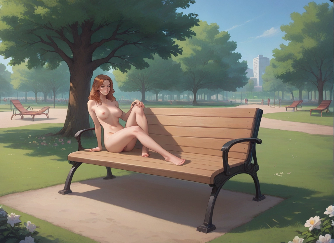 nude, breasts, nipples, 1girl, bench, tree · Yamete.gg