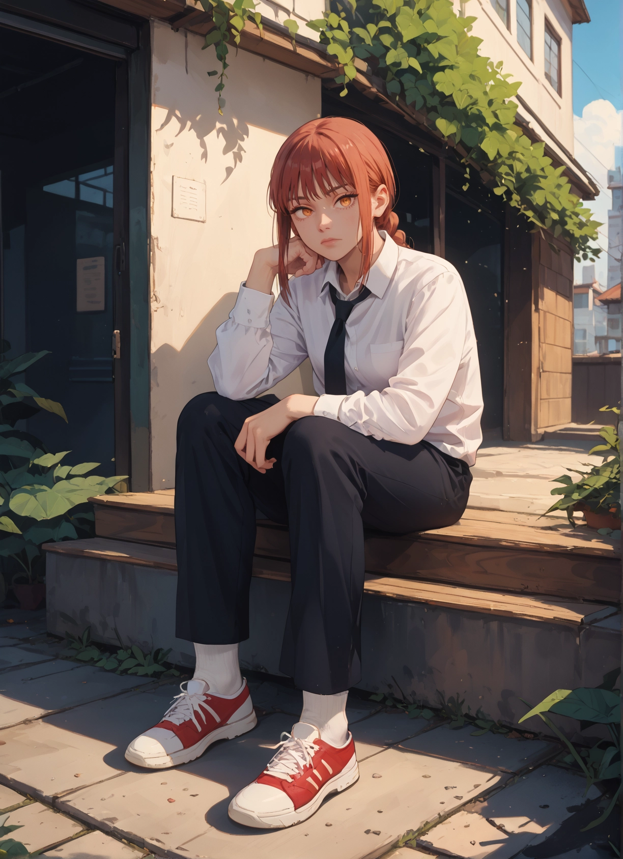 1girl, necktie, shirt, shoes, sitting, pants · Yamete.gg