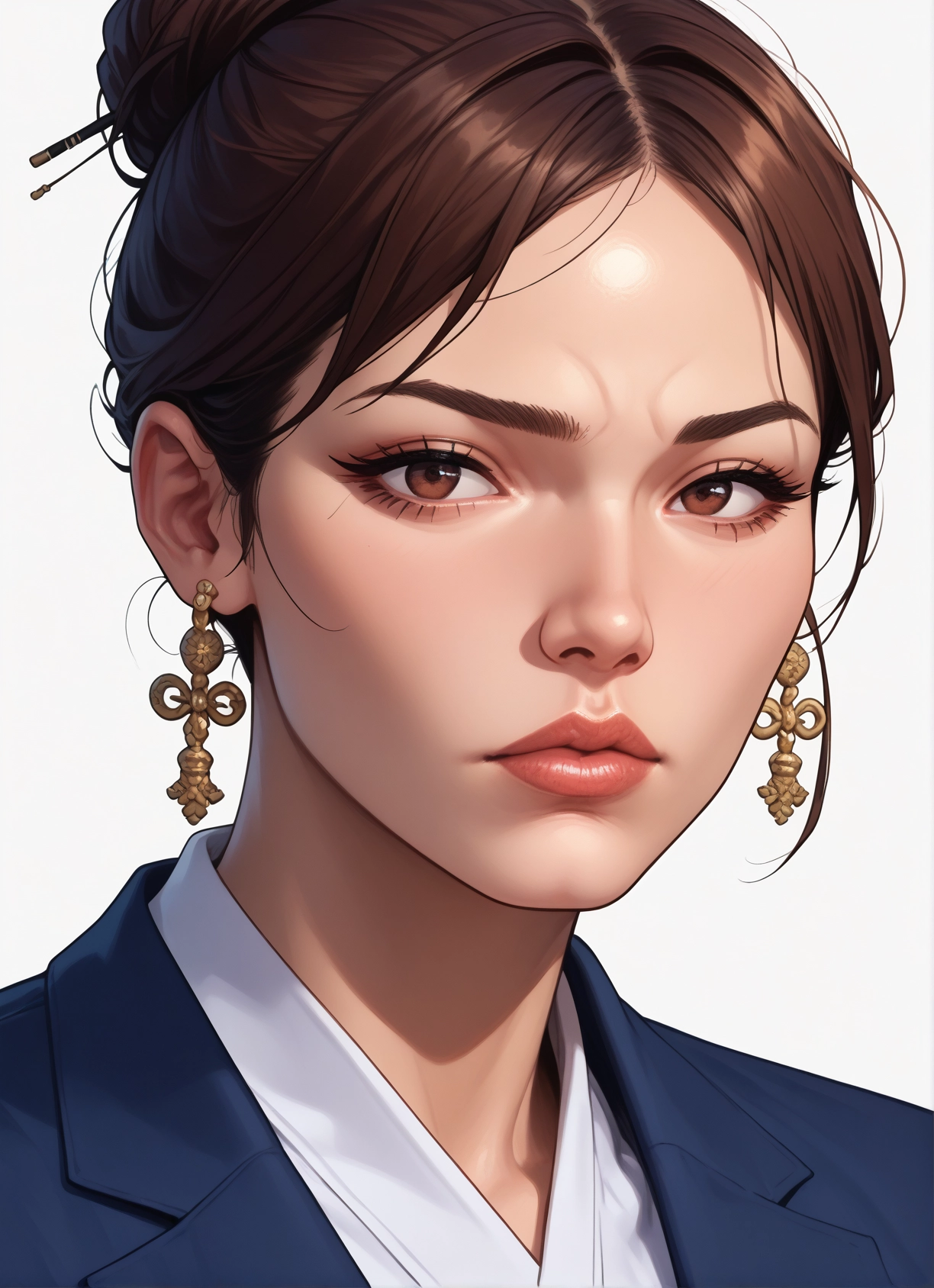 1girl, solo, brown hair, jewelry, earrings, brown eyes · Yamete.gg