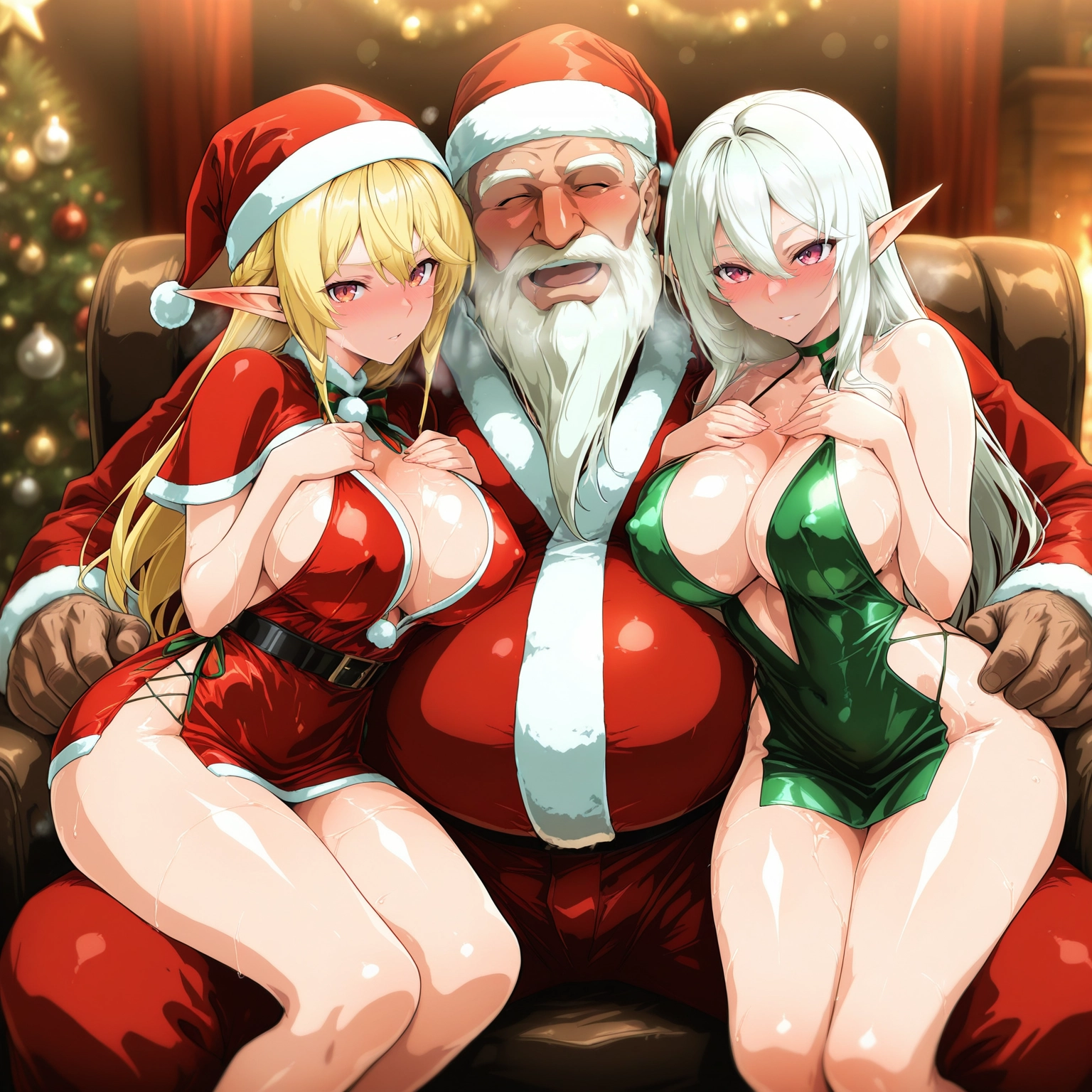 breasts, multiple girls, pointy ears, blonde hair, 2girls, hat · Yamete.gg