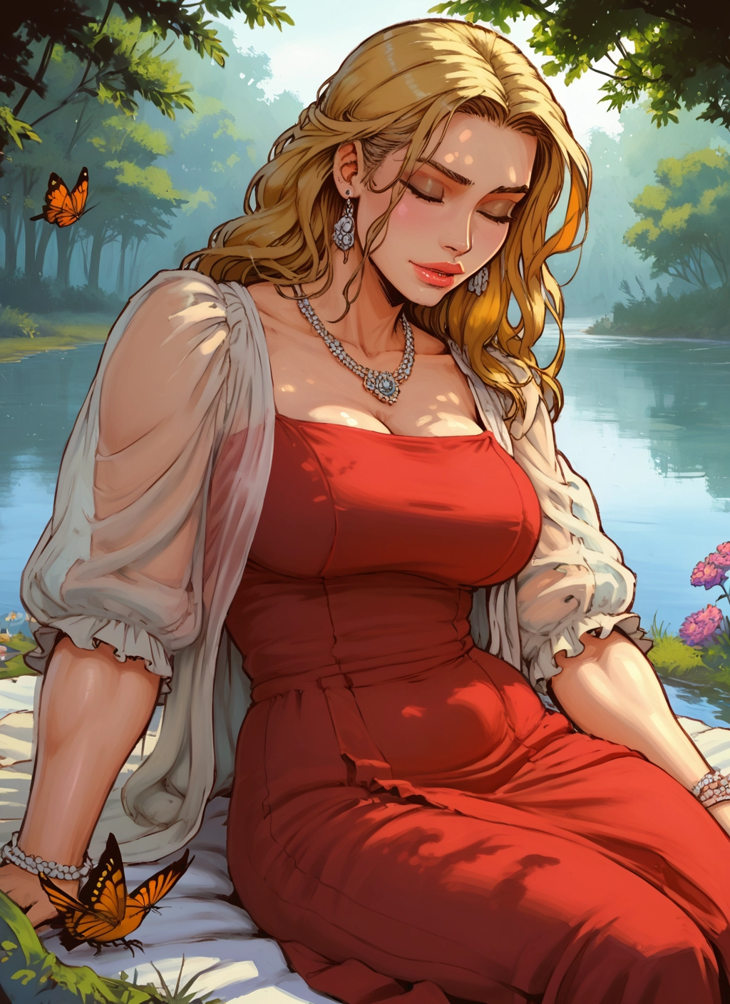 1girl, jewelry, breasts, bug, butterfly, blonde hair · Yamete.gg