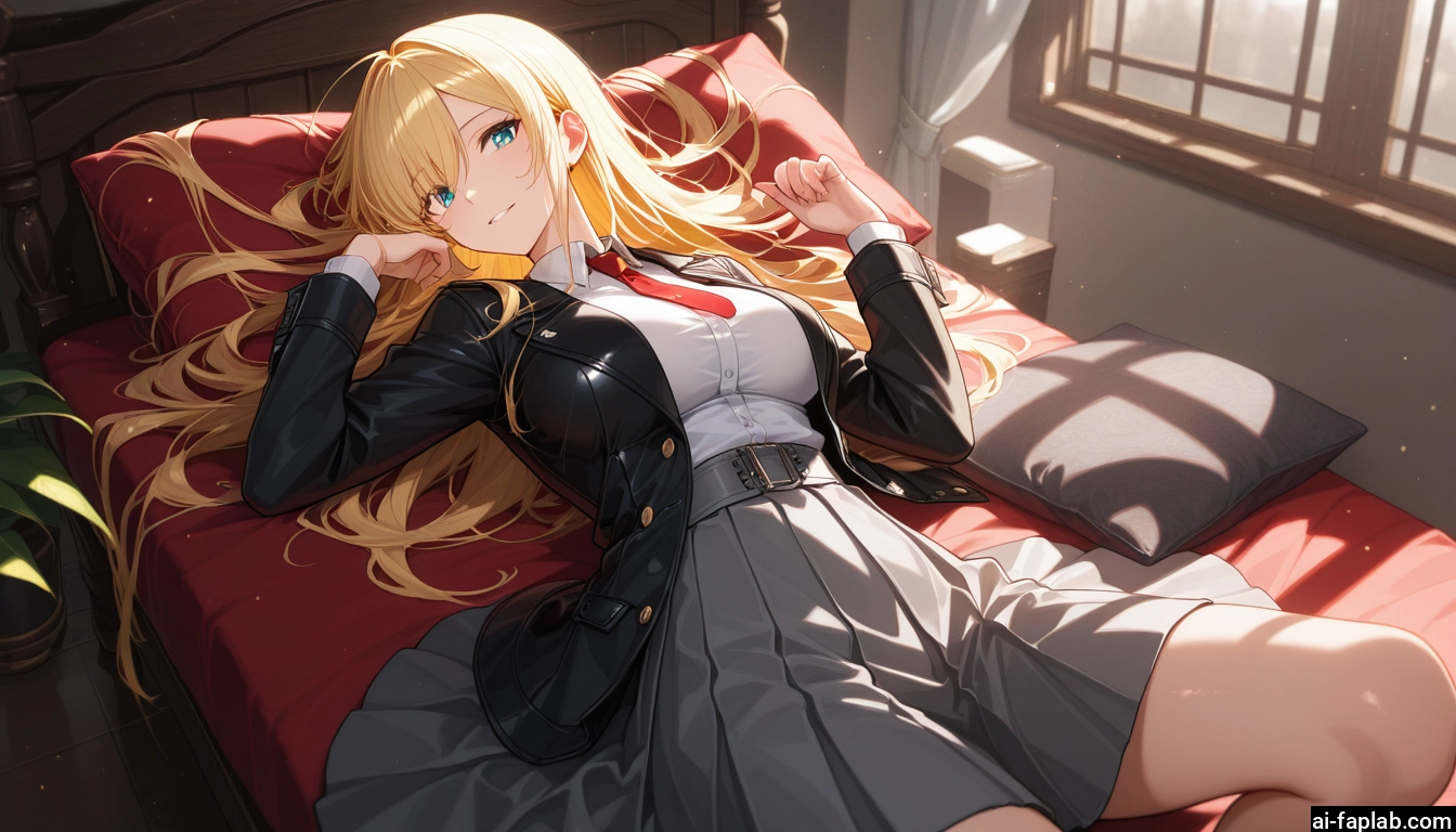 1girl, blonde hair, long hair, skirt, solo, lying