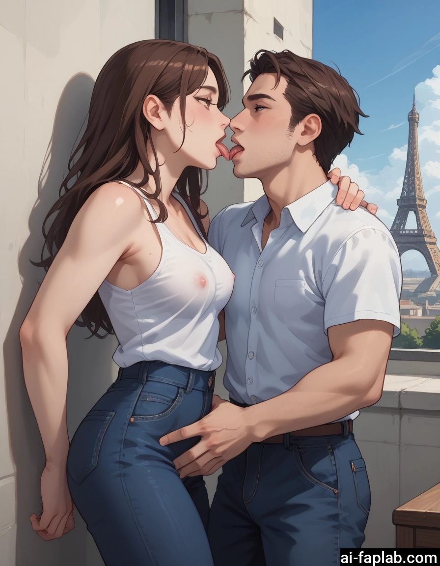 1girl, 1boy, breasts, brown hair, pants, kiss · Yamete.gg