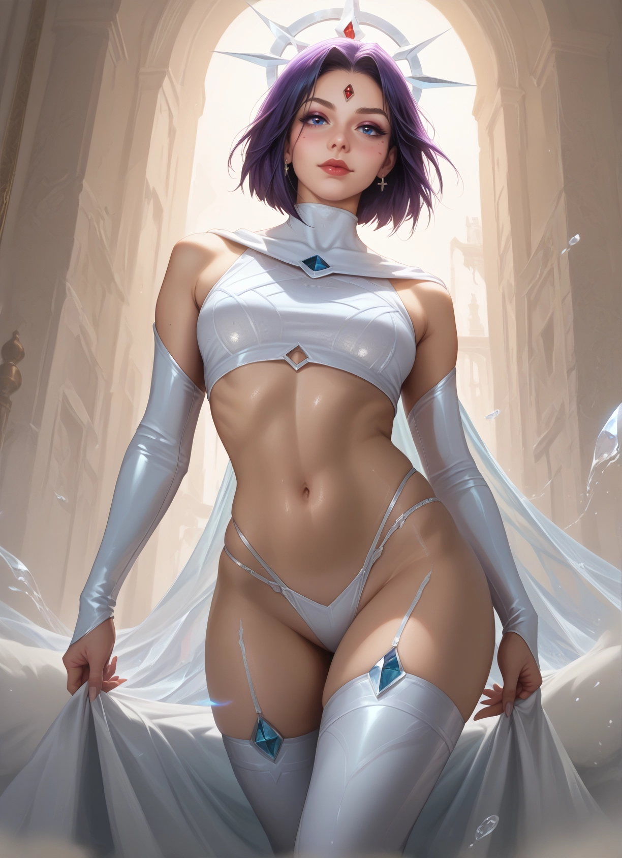 1girl, navel, solo, thighhighs, blue eyes, purple hair · Yamete.gg
