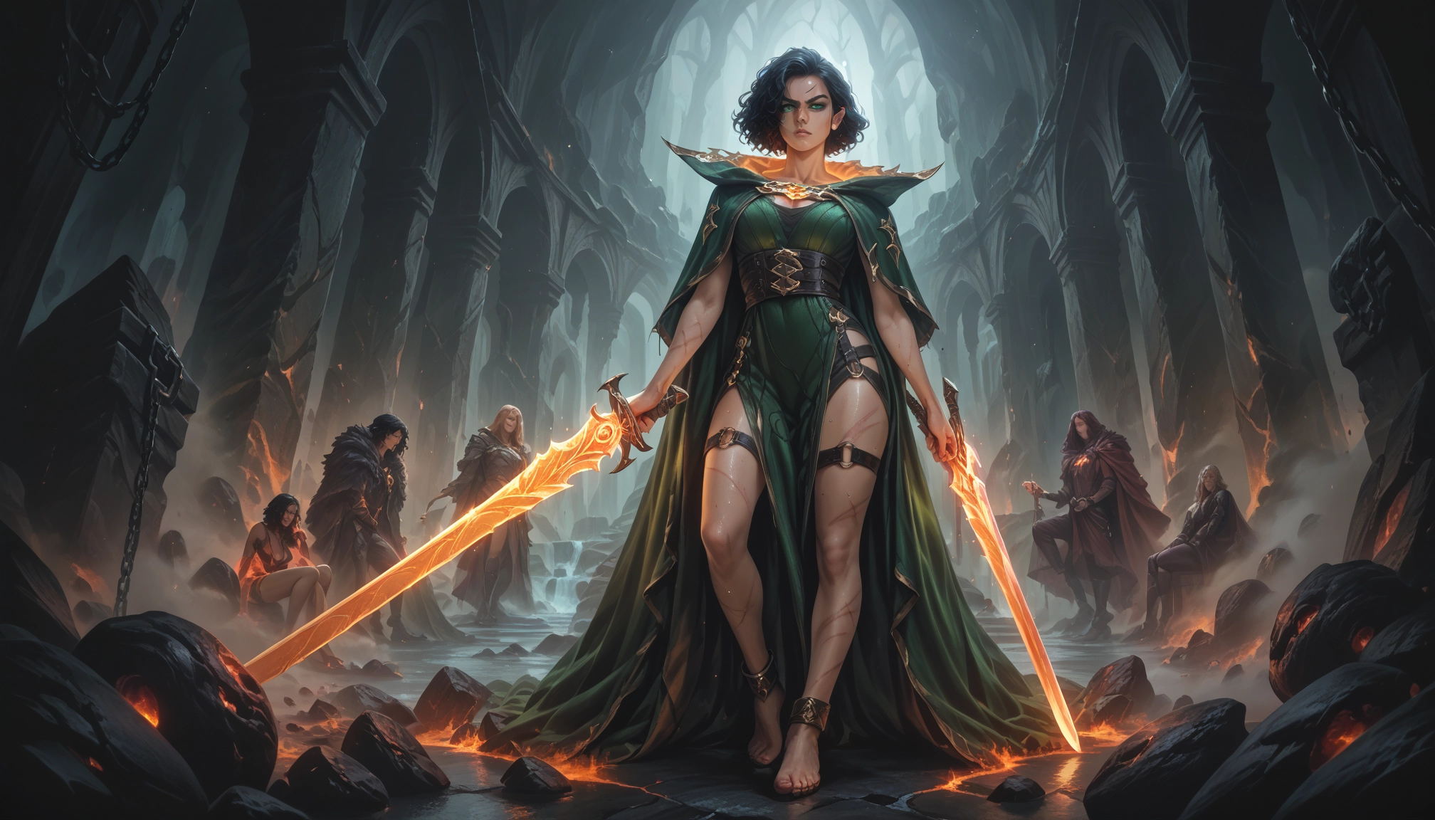 weapon, sword, black hair, cape, holding, 1girl · Yamete.gg