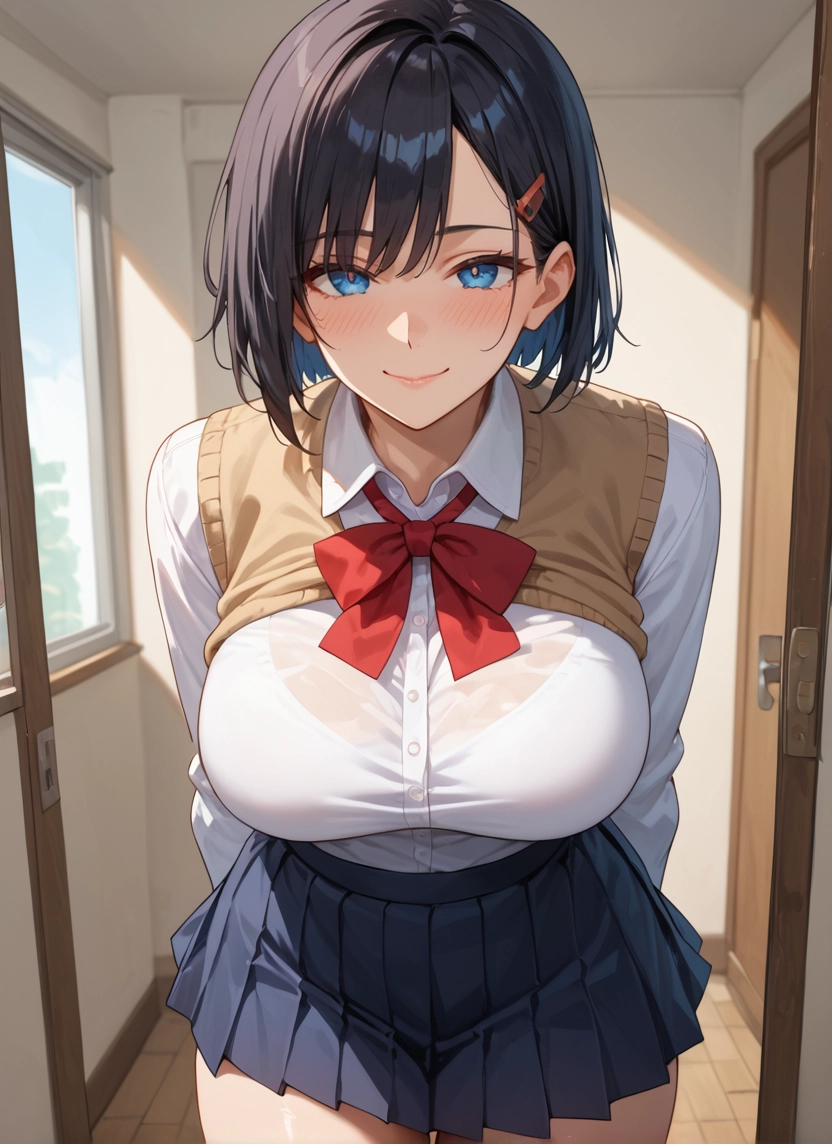 1girl, breasts, skirt, blue eyes, hair ornament, large breasts · Yamete.gg