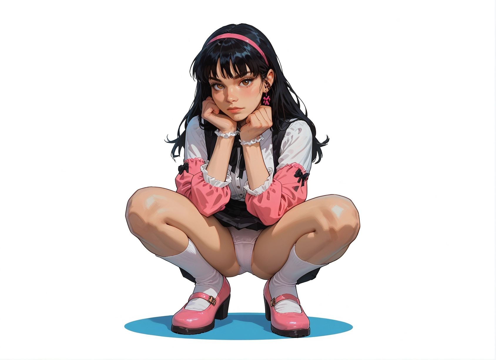 1girl, underwear, panties, solo, black hair, squatting · Yamete.gg