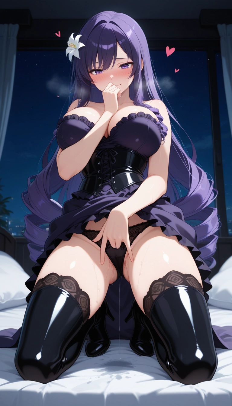 1girl, solo, underwear, panties, flower, purple eyes