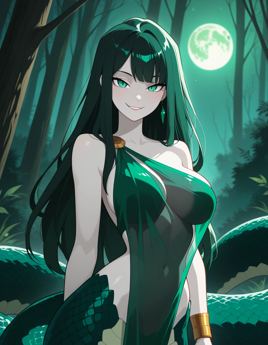 1girl, breasts, green eyes, solo, jewelry, lamia