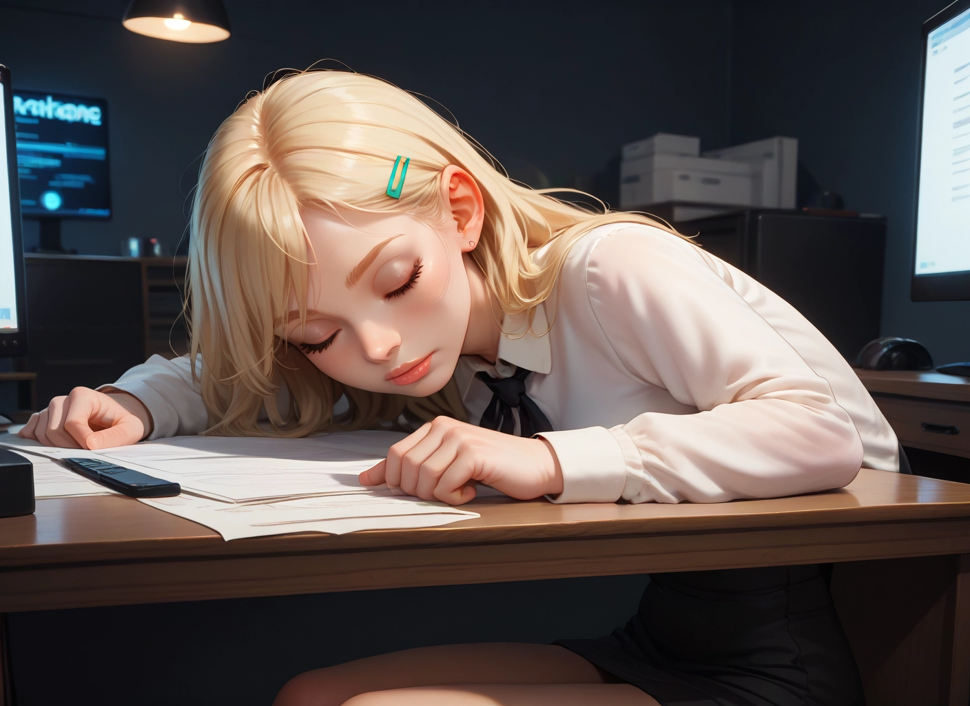1girl, blonde hair, hair ornament, closed eyes, solo, skirt