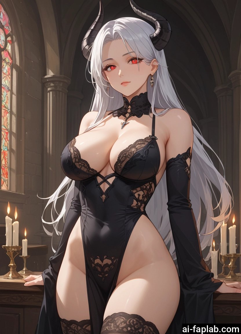 breasts, 1girl, horns, red eyes, long hair, large breasts · Yamete.gg