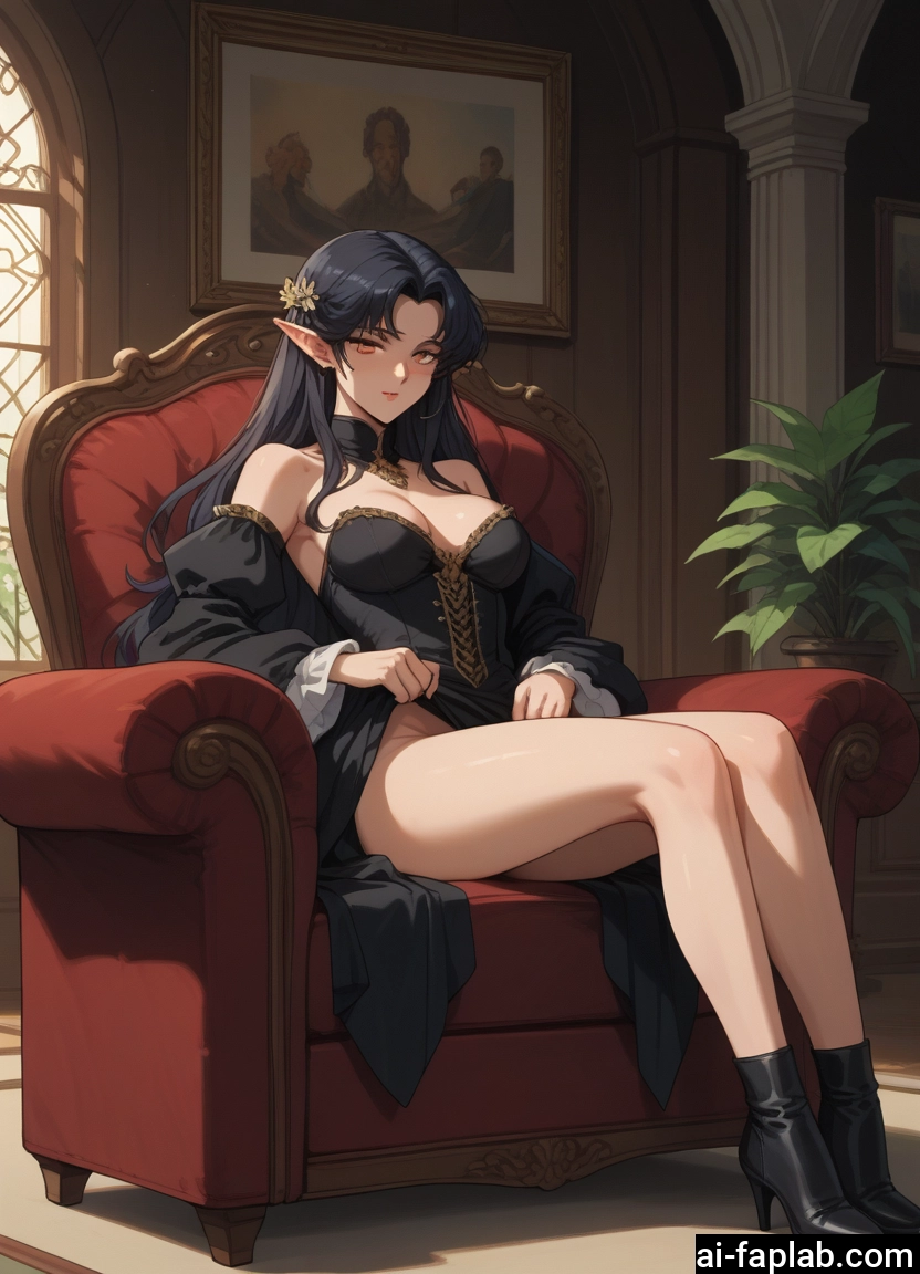 1girl, breasts, pointy ears, long hair, dress, high heels