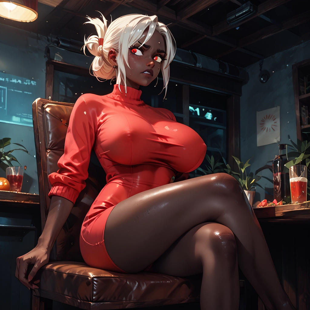 1girl, breasts, red eyes, sitting, crossed legs, covered nipples · Yamete.gg