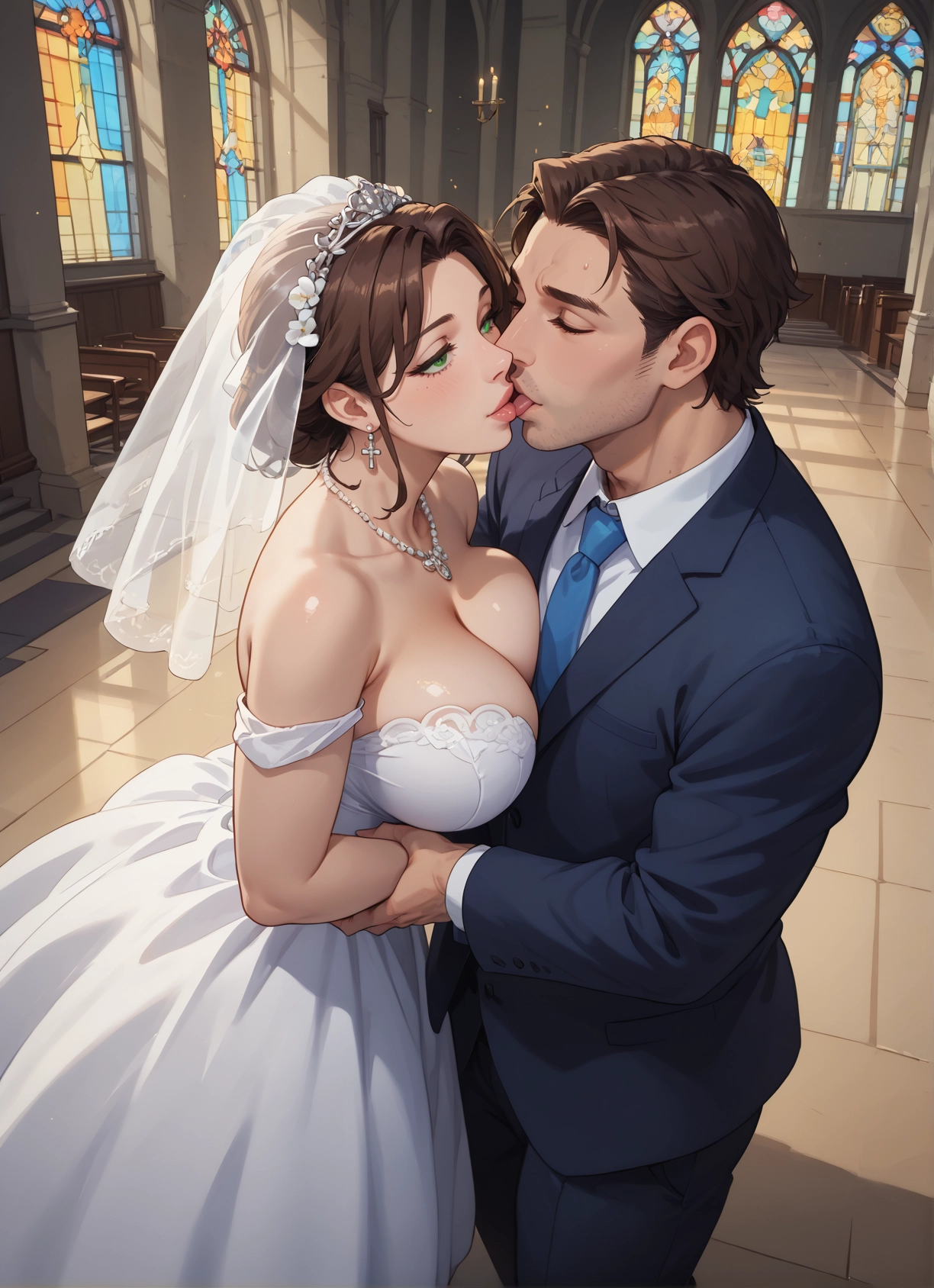 1girl, breasts, 1boy, dress, green eyes, brown hair · Yamete.gg