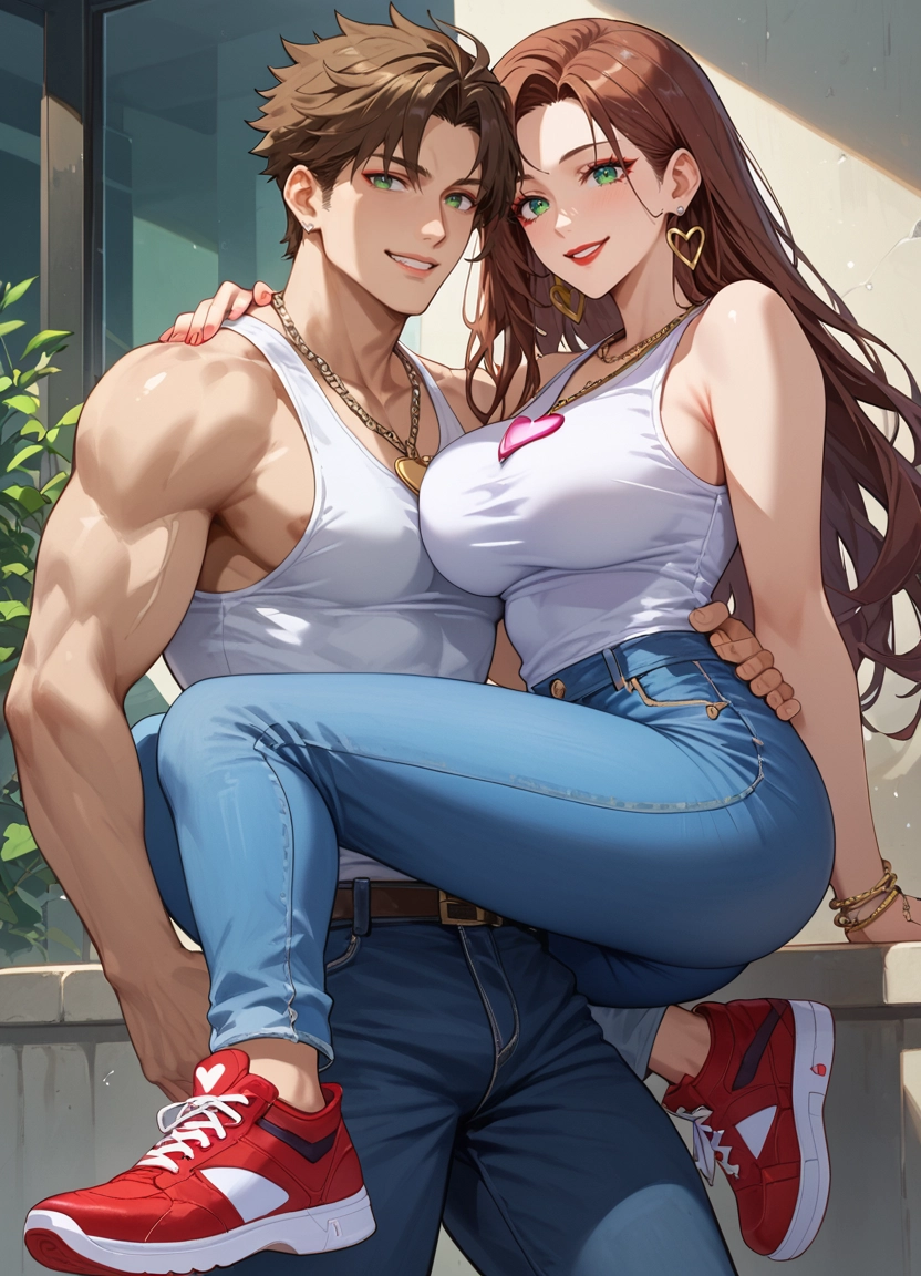 1girl, pants, green eyes, 1boy, brown hair, jewelry · Yamete.gg