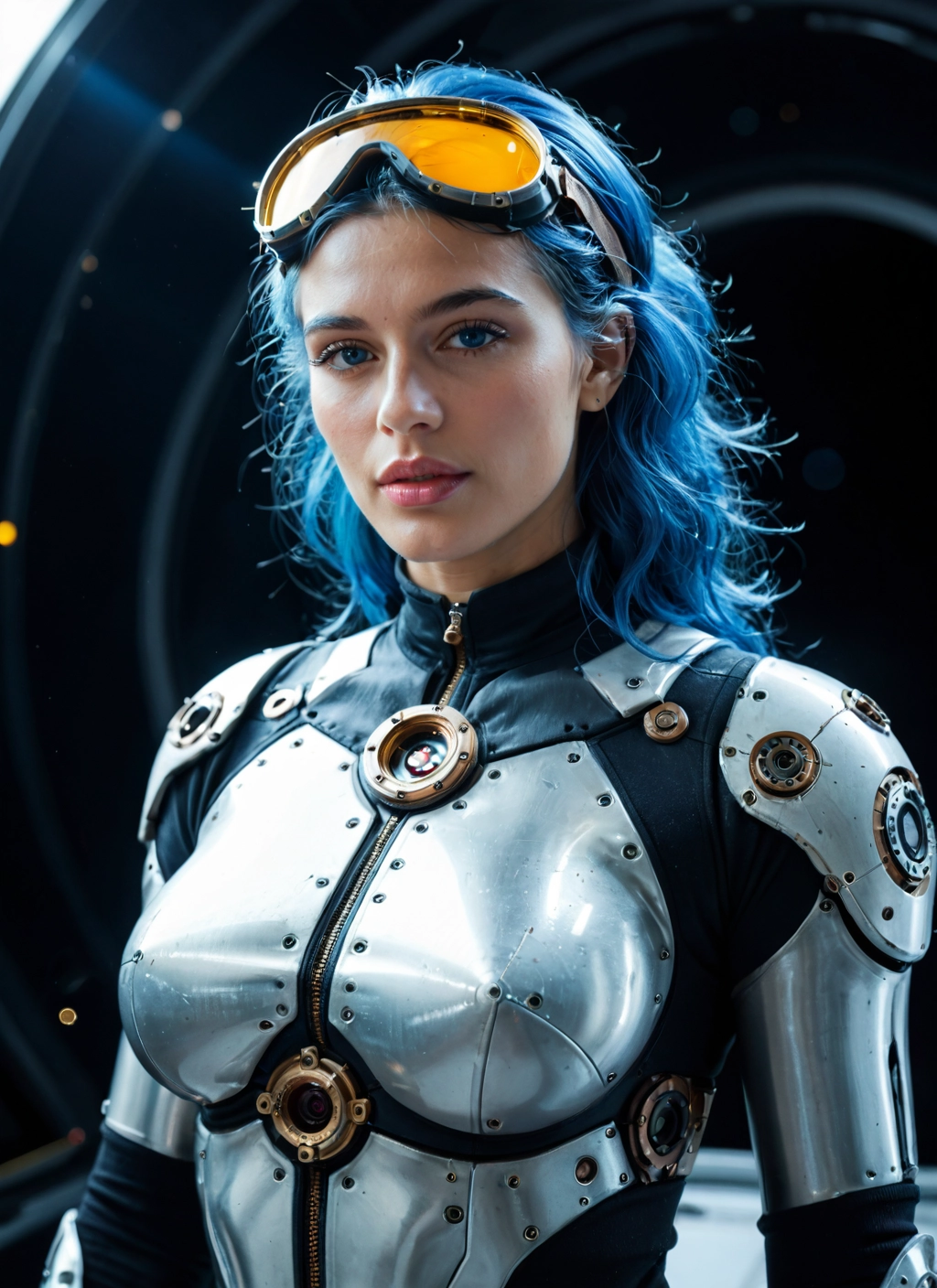 1girl, solo, goggles, blue eyes, goggles on head, blue hair · Yamete.gg