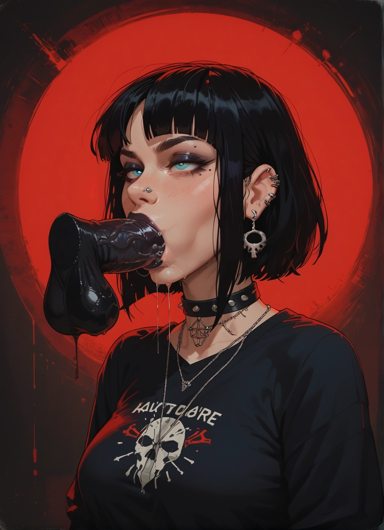 1girl, penis, black hair, oral, piercing, fellatio · Yamete.gg