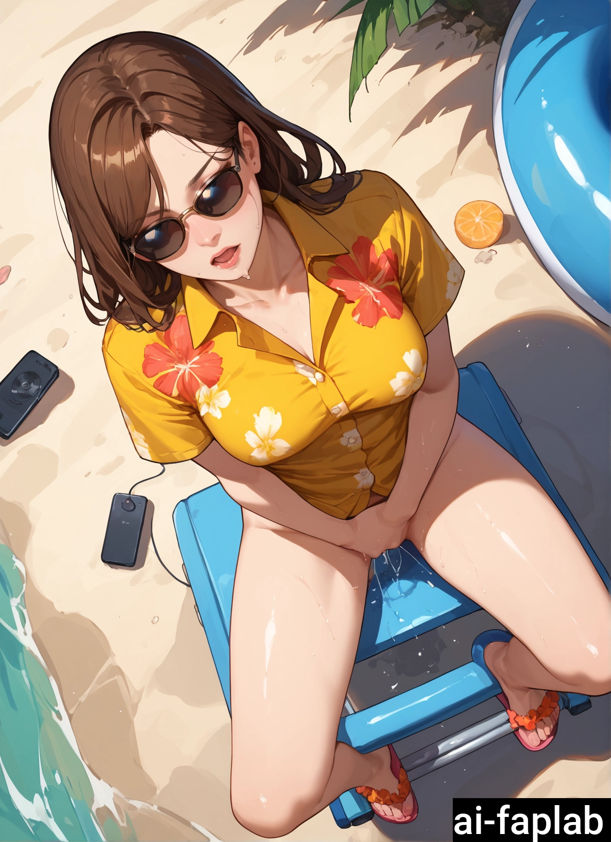 1girl, shirt, brown hair, solo, sunglasses, breasts · Yamete.gg