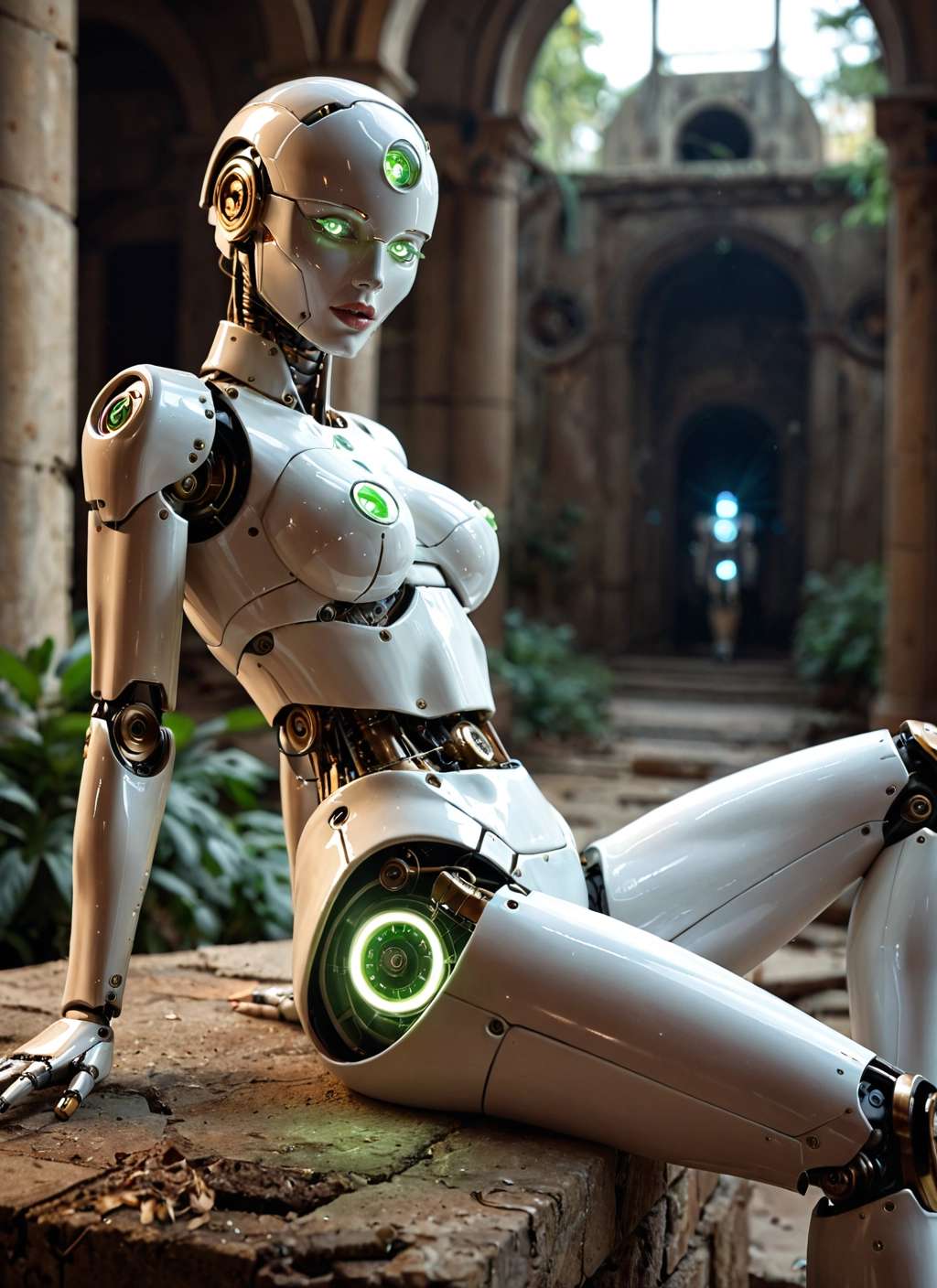 1girl, solo, green eyes, sitting, breasts, robot joints · Yamete.gg